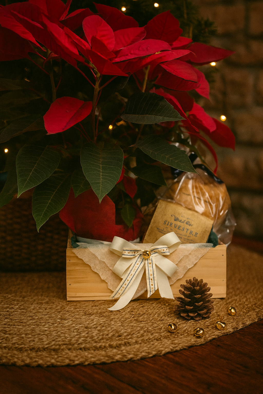 Regalo navideño con Poinsettia, café  y pan de masa madre