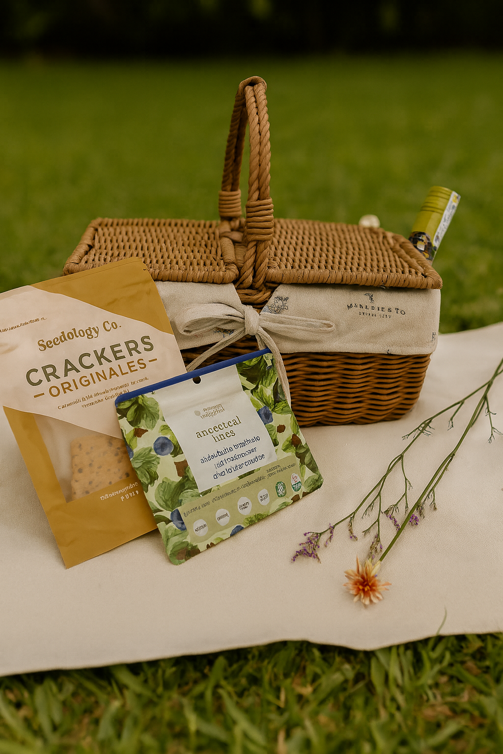 Cesta de picnic con vino