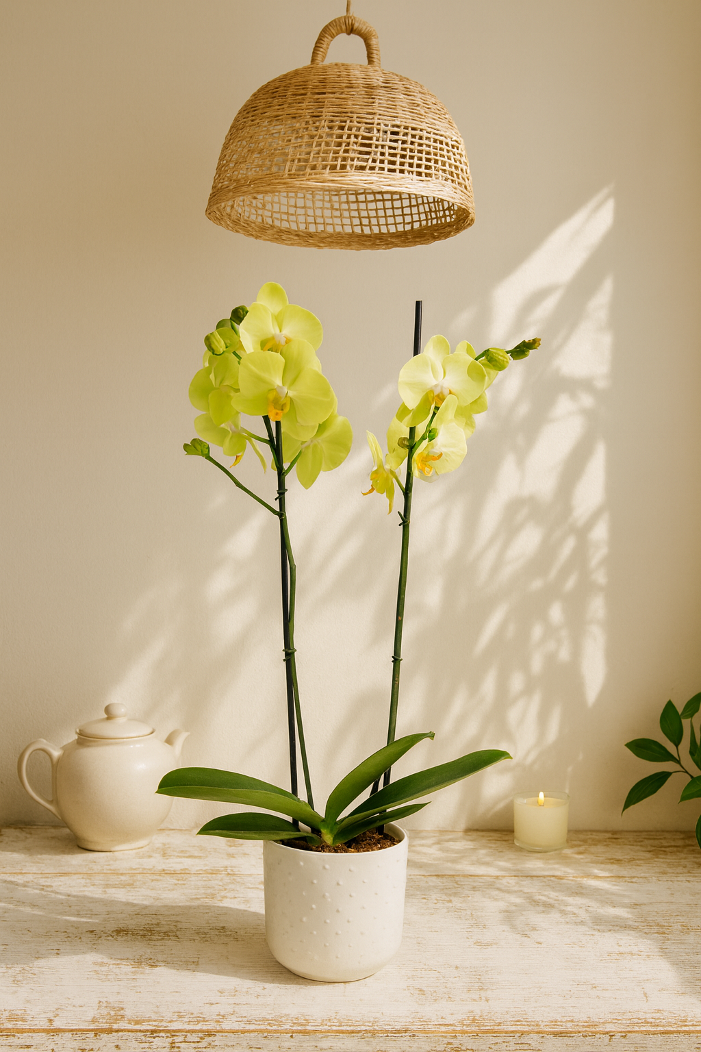 Orquídea Doble Vara con matera de cerámica blanca con punticos