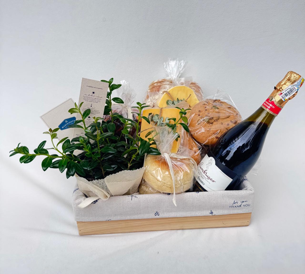 Canasta Alegrar-panes artesanales, cuñas de queso, planta de flores variadas y vino