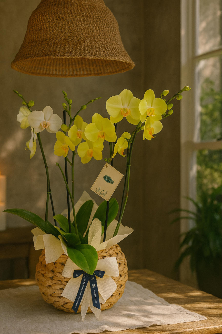 Arreglo 2 Orquídeas Phalenopsis Doble Vara en canasto bomba artesanal