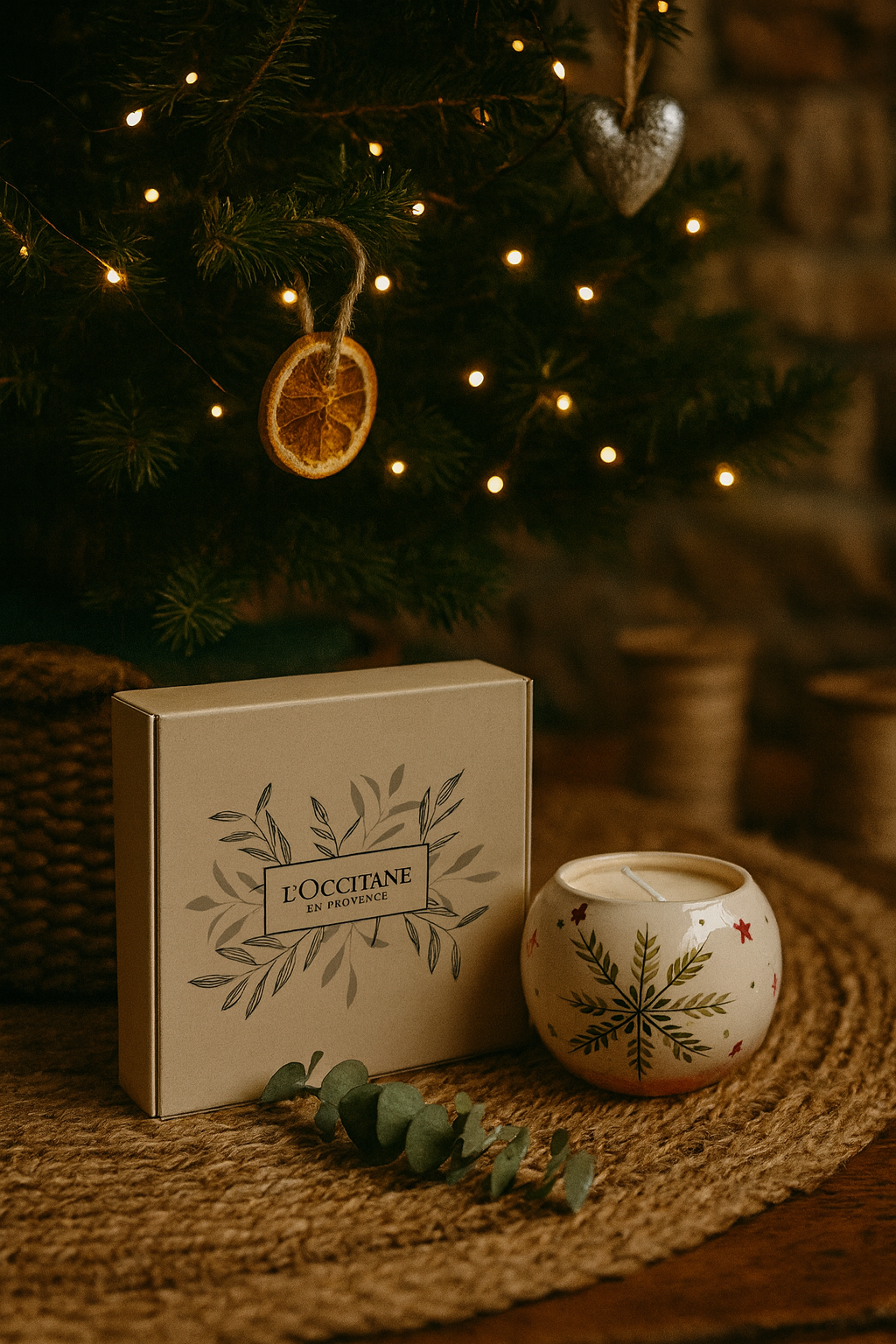 Velita cerámica Navidad con kit L´Occitane viajero