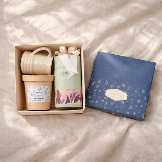 Calma y alegría | Tubo de te, mug y brownies